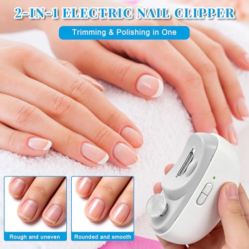 Automatic Electric Nail Clipper for Adults Seniors, 2-Speed Adjustable Smart Auto Nail Clipper Trimmer with Polisher & LED Light, Strong Power USB Rechargeable Toenail Fingernail Nail Cutter White