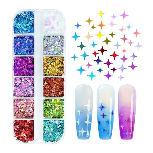 1 Box 12 Color Holographic Star Nail Glitter Silver Gold Nail Sequins 3D Colorful Nail Flakes Sparkly Glitter Flakes Shiny Nail Glitter Laser Nail Sequins Glitter for Nails Art 12 Grids - color: YHN28