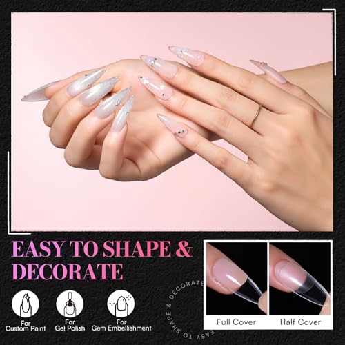 Makartt Medium Sharp Almond Nail Tips: Hybrid Almondetto Shape, 15 Sizes Clear Full Cover Fake Nails Extension, 504PCS Half Matte Soft Gel Tips for DIY Nail Lovers, Press-on Creators, Salon Supplies - size: Long