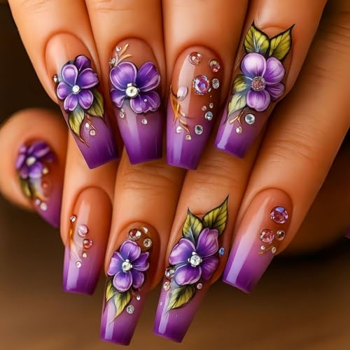 24pcs Long Coffin Press on Nail Flower Fake Nails with Purple Pink Gradient designs Stick on Nail Full Cover Ballet Rhinestones Press ones Reusable Glue on Nails for Women Summer - color: s39