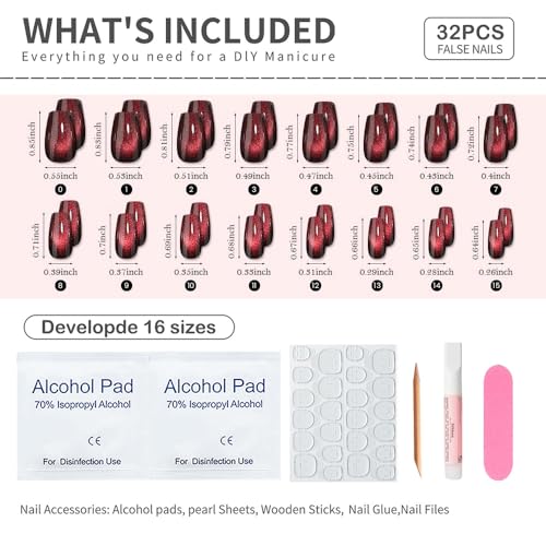 Burgundy Cat Eye Press On Nails Medium Coffin, Wine Red Glossy Fake Nails, Reusable Acrylic Glue On Nails for Women, Salon Quality Press Ons for Work, Party, Date Night and Gift, 32 Pcs - color: C2-Midnight Blaze