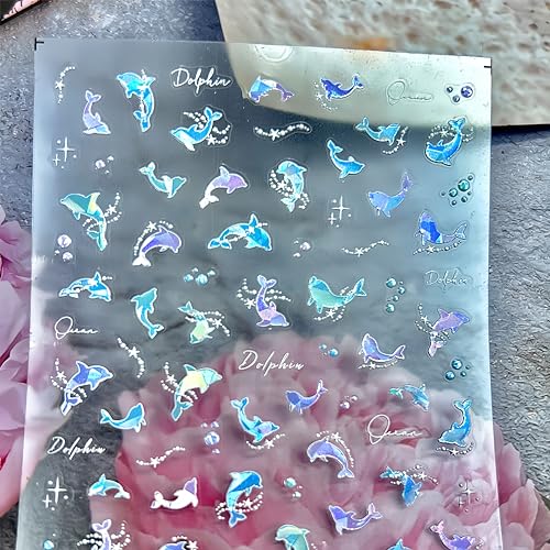 1 Sheet Dolphin Nail Art Sticker 5D Embossed Ocean Cute Dolphin Pearl Fantasy Nail Designs for Women Girls Summer Nail Art DIY Decoration - style: dolphin