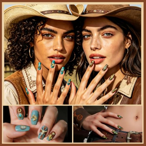 61 Pcs Western Turquoise Nail Charms 3D Metal Cowboy Cowgirl Nail Gems Charms Turquoise Bull Head Horseshoe Western Charm Stickers for DIY Nails Art Phone Case Crafts Rodeo Concert Outfits J - color: Gold