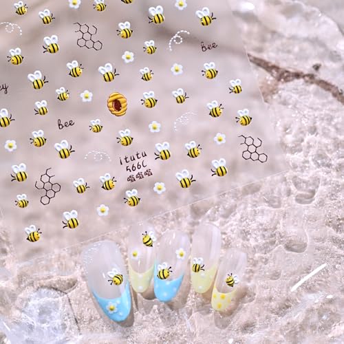 1 Sheet Flower Nail Art Stickers 5D Embossed Cute Bee Nails Decals Spring Daisy Bee Design Summer Bees Floral Nail Designs Accessories Cute Floral Bees Nail Supplies for Women DIY Manicure Decorations - style: bee