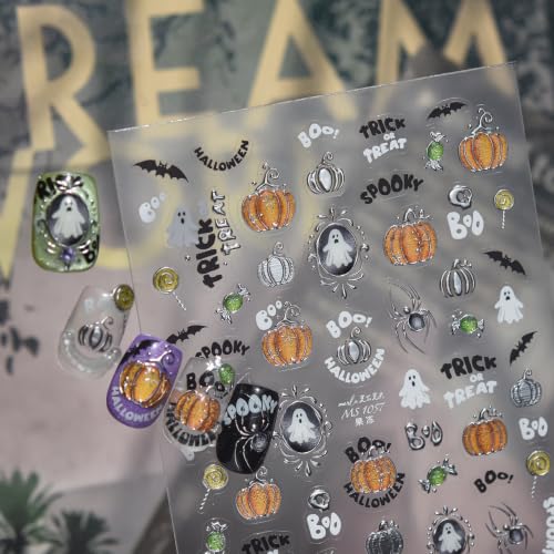 Halloween Nail Stickers 5D Ghost Pumpkin Spider Nail Decals for Nail Art - color: Multicolor-090