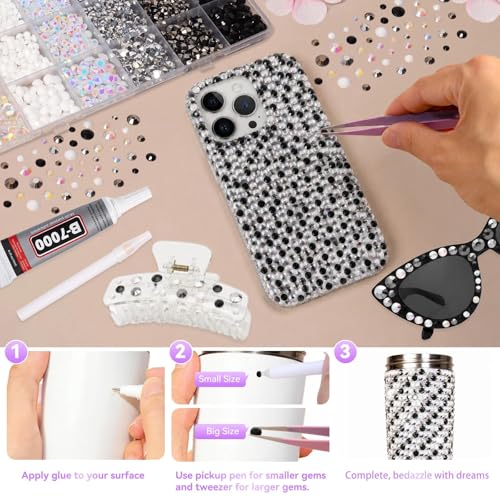 24Grid Black White Rhinestones Kit 3-6mm, Flatback Gems for Bedazzling - color: S3