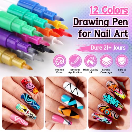 12 Colors Nail Art Pens Set, TOROKOM Nail Art Markers 3D Nail Polish Pens - color: 12 Color-A