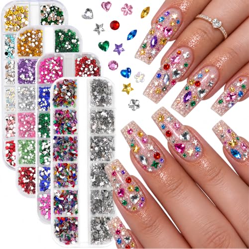4Boxes-48Girds 4000Pcs Colorful Rhinestones Nail Charms Set for DIY Design - color: Colorful