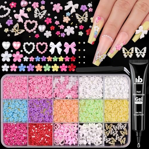 3D Flowers Nail Charms for Nail, Cute Charms Acrylic Nail Flower with Glue - color: 22 15 Grids Nail Decos Set 2 with Glue