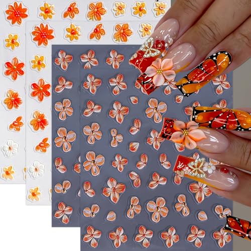 4sheets 5D Embossed Flower Nail Art Stickers Self Adhesive Fall Yellow Flowers Nail Stickers Autumn Orange White Daisy Nail Decals Orange Petal Daisies Nails Supplies for Women Manicure Accessories - style: orange flowers