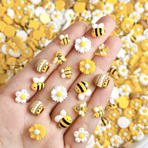 150Pcs Cartoon Bee Nail Charms for Nail Art Cute Flower Nail Charms Five Petal Bee Honey Jar Resin Nail Art Charms Sunflower Bees-Themed Nail Accessories Daisy Nail Supplies for Women Acrylic Nails - color: yellow