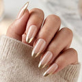 Gold French Tip Press on Nails Medium Almond Fake Nails Glossy Nude Base Glue on Nail Full Cover Artificial Nail for Women Party Wedding Daily Wear 24 Pcs - color: Gold