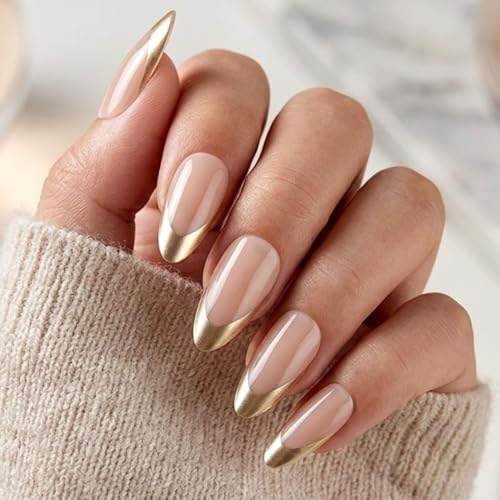Gold French Tip Press on Nails Medium Almond Fake Nails Glossy Nude Base Glue on Nail Full Cover Artificial Nail for Women Party Wedding Daily Wear 24 Pcs - color: Gold