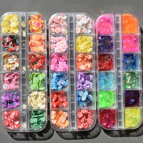 3 Boxes of Crystal Mash Clay Strip Flowers Fruit Slices Nail Art Glitter
