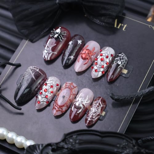 Halloween Spider Press On Nails Medium Almond Fake Nails 3D Chrome Silver Spider Web Design Gothic False Nail Red Black Gradient Full Cover Glue On Nails Spooky Halloween Manicure Kit for Women 30Pcs - color: special Halloween-2