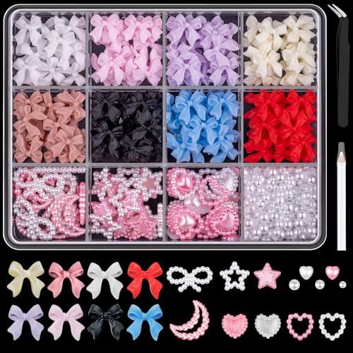 600 Pcs 3D Nail Bow Charms and Flatback Pearls Nail Charms Set 1 - color: Set 1 - 8 Colors A Style