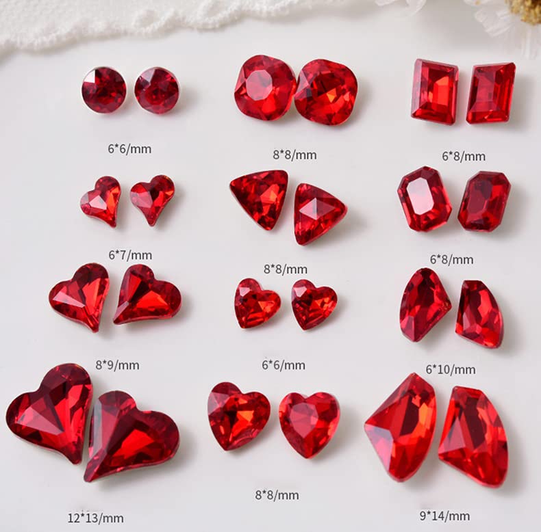 48 Pcs Big Mix Sizes Different Shape Nail Rhinestones 12 Styles 3D Glass Crystals Diamonds Love Distorts Heart Super Shiny Charms Gems Stones DIY Nail Art Decoration Craft Jewelry (Red) - color: Red