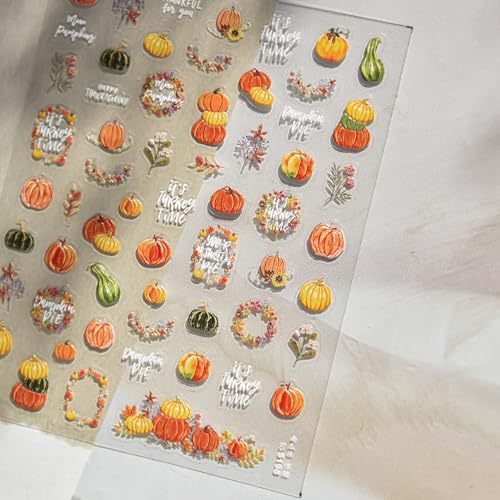 1 Sheet Fall Nail Stickers 5D Embossed Maple Leaves Nail Stickers for Nails Thanksgiving Day Pumpkin Nail Decals Fall Leaf Garland Nails Supplies Autumn Leaves Pumpkin Design Sticker for Women - style: thanksgiving pumpkin