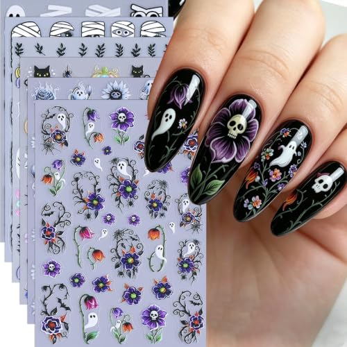 6Pcs Halloween Nail Stickers 5D Spider Web Cat Ghost Flower Design Sticker - color: Style 3
