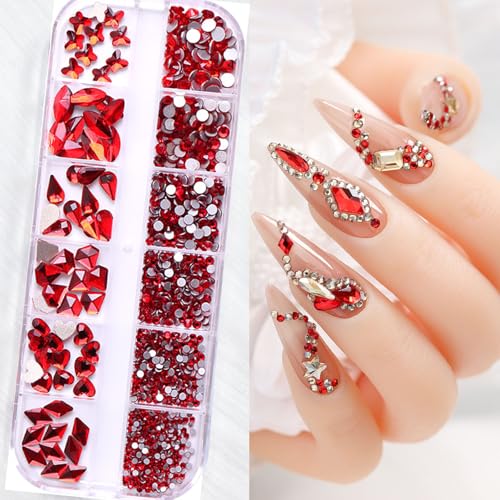 Nail Art Rhinestones Kit Nail Gems Ab Flat Bottom Special-Shaped Drill, with Storage Organizer Box/Wax Pencil/Tweezers for Nail Art Craft (Red) - color: Red