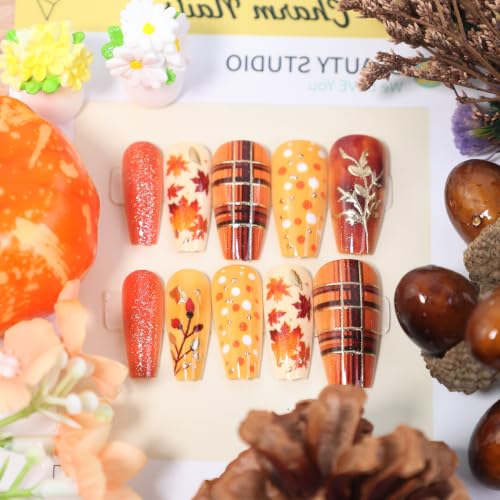Fall Press on Nails Long Coffin False Nails Autumn Maple Leaf Fake Nails with Orange Glitter Plaid & Polka Dots Design Full Cover Acrylic Nails Reusable Thanksgiving Manicure Nail Tips for Women 24Pcs - color: special Fall-4