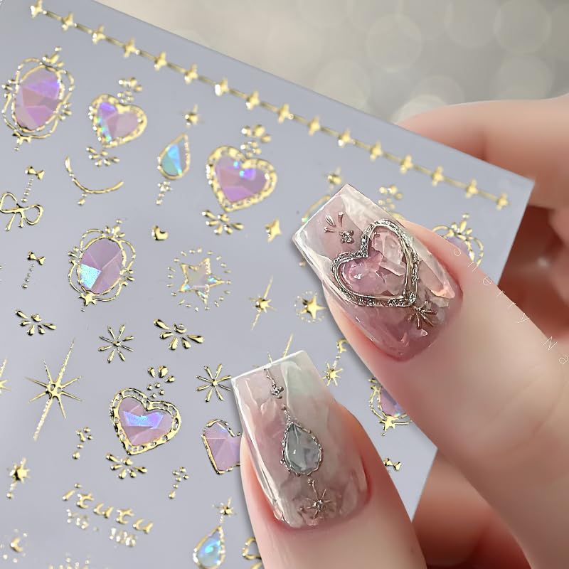 Valentine Nail Art Stickers 5D Embossed Pink Heart Nail Stickers for Nail Art Gold Moon Star Bow Nail Decals Valentines Day Gold Bow Star Laser Heart Nails Design Aurora Heart Nails Supplies for Women - style: heart star