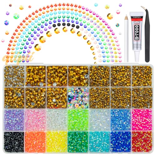 qiipii Golden Resin Rhinestones w B7000 Glue for Crafting Bedazzling 2mm-6mm Flatback Colorful Jelly Stones Diamonds Gems Bedazzler Kit for Nails Face Eyes Makeup Tumblers Bottles Crafts Shoes Phones - color: Golden, size: Jelly