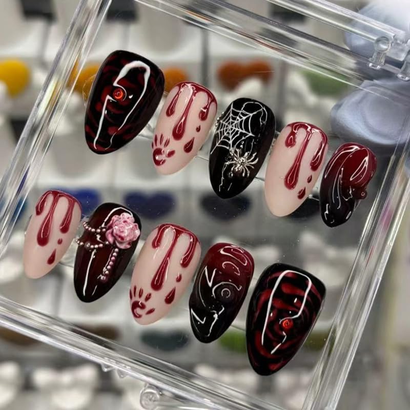 30Pcs Gothic Press on Nails Medium Almond Halloween Fake Nails with 3D Red Blood Drop Flower Silver Spider Rhinestones Design Goth False Nails Halloween Glue on Nails Spider Web Nail for Women - color: Gothic