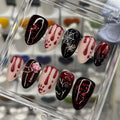 30Pcs Gothic Press on Nails Medium Almond Halloween Fake Nails with 3D Red Blood Drop Flower Silver Spider Rhinestones Design Goth False Nails Halloween Glue on Nails Spider Web Nail for Women - color: Gothic