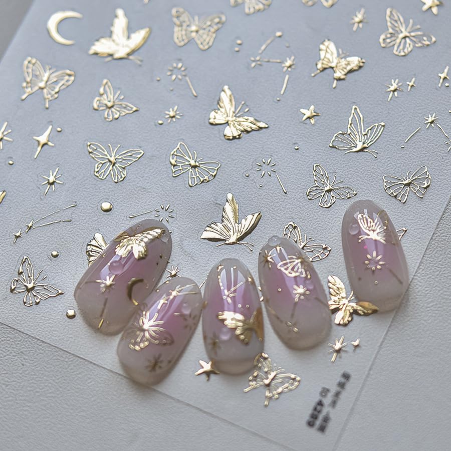1 Sheet Golden Butterfly 5D Embossed Nail Art Stickers Self-Adhesive Star Moon Nails Decals Spring Summer Butterflies Nail Designs Hot Stamping Butterflies Nail Stickers for DIY Nail Supplies Decor - style: metal butterfly