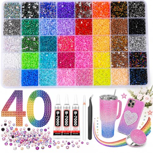 40000 PCS Rhinestone Bedazzling Kit with 3 B7000 Glues, 40 Colors 3mm Flatback Resin Gems for Crafts, Shoes, Clothes, Tumblers, Nail Art DIY