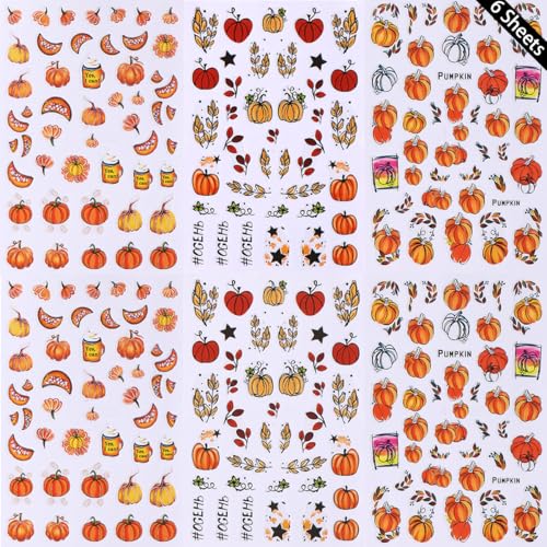 6 Sheets Fall Nail Stickers for Nail Art Pumpkin Maple Leaf Nail Decals 3D Self-Adhesive Thanksgiving Flower Leaves Design Nail Stickers Holiday Nail Art Supplies for Women Autumn Nail Art Decoration - style: Thanksgiving Nail Stickers-12
