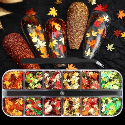 12 Grids Fall Maple Leaf Nail Glitter - color: Color 17
