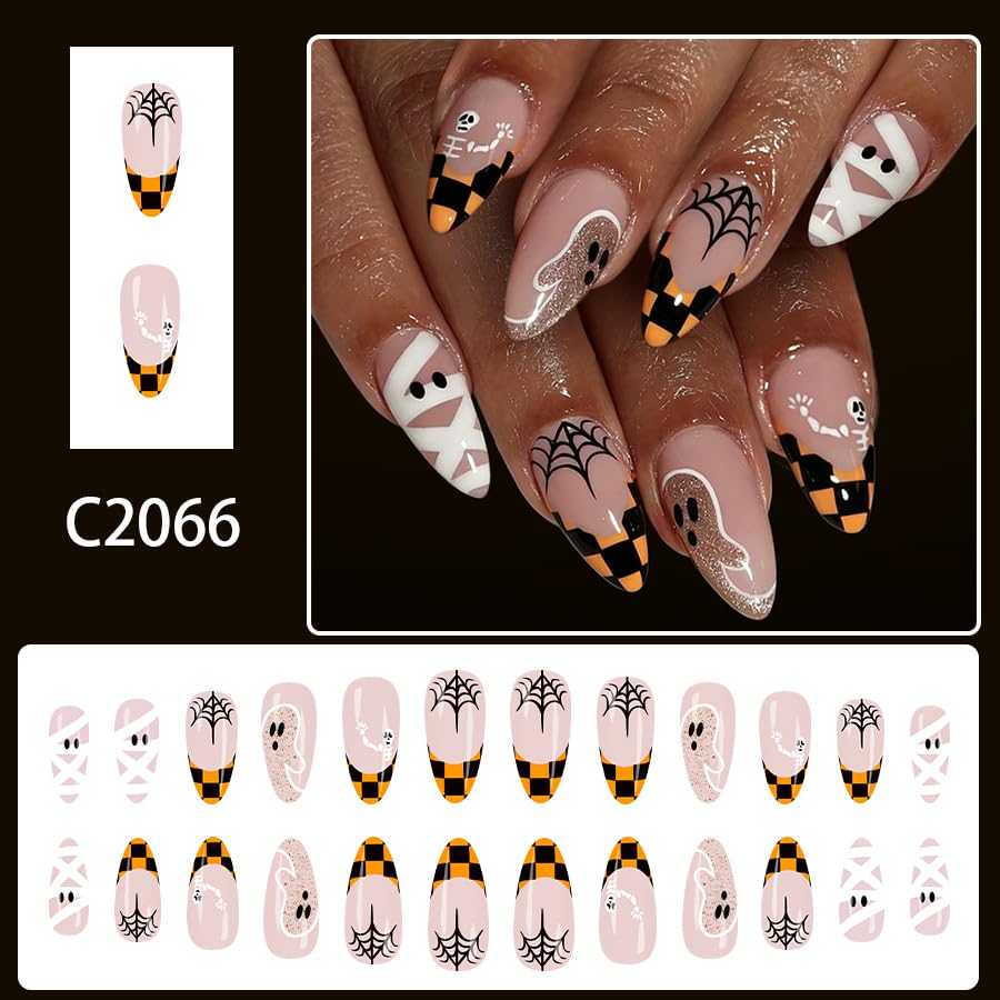 24Pcs Halloween Press on Nails Medium Almond Glossy Fake Nails Ghost Nail Press Ons with Glitter Design Plaid French Tip False Nails Ghost Skull Glue on Nails Spider Web Stick on Nails Nail for Women - color: Halloween01