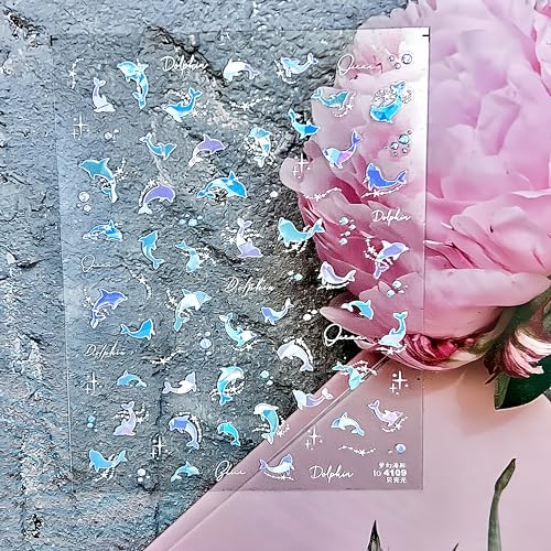 1 Sheet Dolphin Nail Art Sticker 5D Embossed Ocean Cute Dolphin Pearl Fantasy Nail Designs for Women Girls Summer Nail Art DIY Decoration - style: dolphin