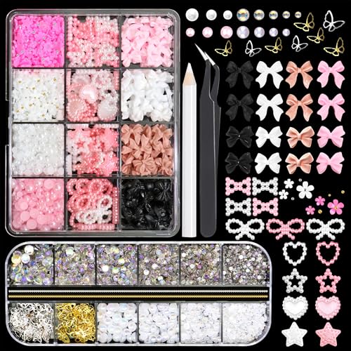 RODAKY 3D Nail Charms and Flatback Pearls Gems Set, Bow Charm for Nail Art Designs,Assorted Pearl Bows Heart Star,Cute 3D Flowers for Nail,Pink&White Half Pearls for Nail Jewelry DIY Nail Decoration - color: Set 04 - 2 Boxes Nail Art Decos