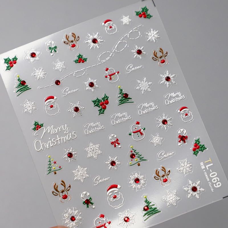 5D Embossed Christmas Nail Stickers for Nail Art Xmas Tree, Snowflake,Santa, Elk Rhinestone Nail Art Decals for Women Self-Adhesive Nail Supplies Art Design Stickers - color: Christmas-069