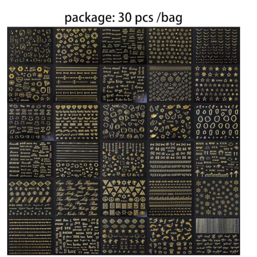 30 Sheets Gold Nail Art Stickersl, 3D Self-Adhesive Nail Decals - color: Gold-b