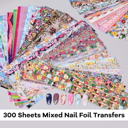 300 Sheets Nail Foil Transfer Sheets Flower Lace Leopard Aurora Nail Foils