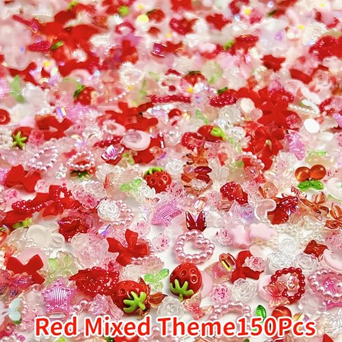 150 Pcs 3D Resin Strawberries Butterfly Flower Nail Charms Rose Heart Moon Nail Rhinestones Flatback Bow Cherry Nail Art Charms Bow Charms for Nails Design Moon Star Nail Jewels for Nail Art Supplies - color: pink