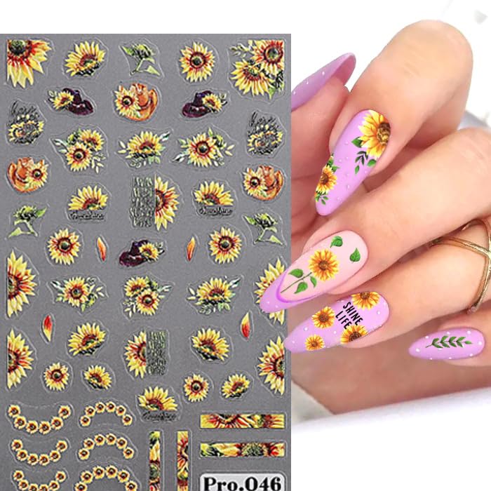 5 Sheets SunflowerNail Stickers for Nail Art, 5D Self-Adhesive Nail Decals - color: Sunflower