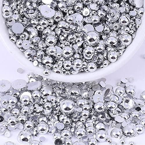 RODAKY 2000Pcs AB Silver Half Pearls for Crafts,Flatback Half Round Pearl for Nails,6 Sizes AB Silver Pearl Beads Rhinestones for Nails Art Design DIY Crafts Jewelry Making Clothe Shoes Decoration - color: Silver AB