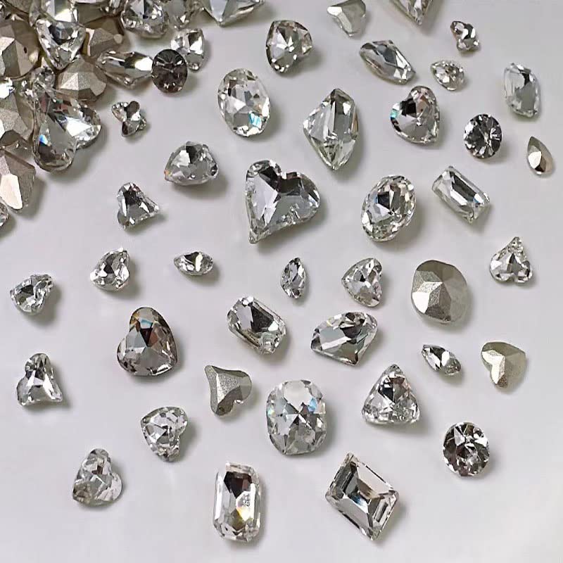 48 Pcs Big Mix Sizes Different Shape Nail Rhinestones 16 Styles 3D Glass Crystals Diamonds Love Distorts Heart Super Shiny Charms Gems Stones DIY Nail Art Decoration Craft Jewelry (White) - color: White