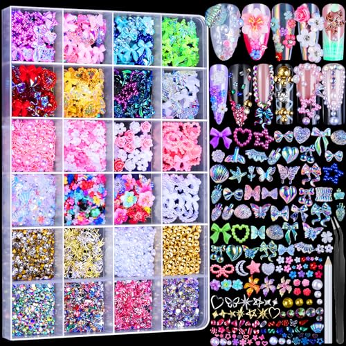 FAMDAMEI 24 Grid Nail Charms, Nail Art Kit with Multi Shapes Bedazzling Gems for Nails, Flatback AB Nail Rhinestones Nail Pearls, Y2K Cute Nail Charms, 3D Hawaii Flowers Nail Jewels for Nail Design - color: white pink flower/colorful bow/sequin/clear pear