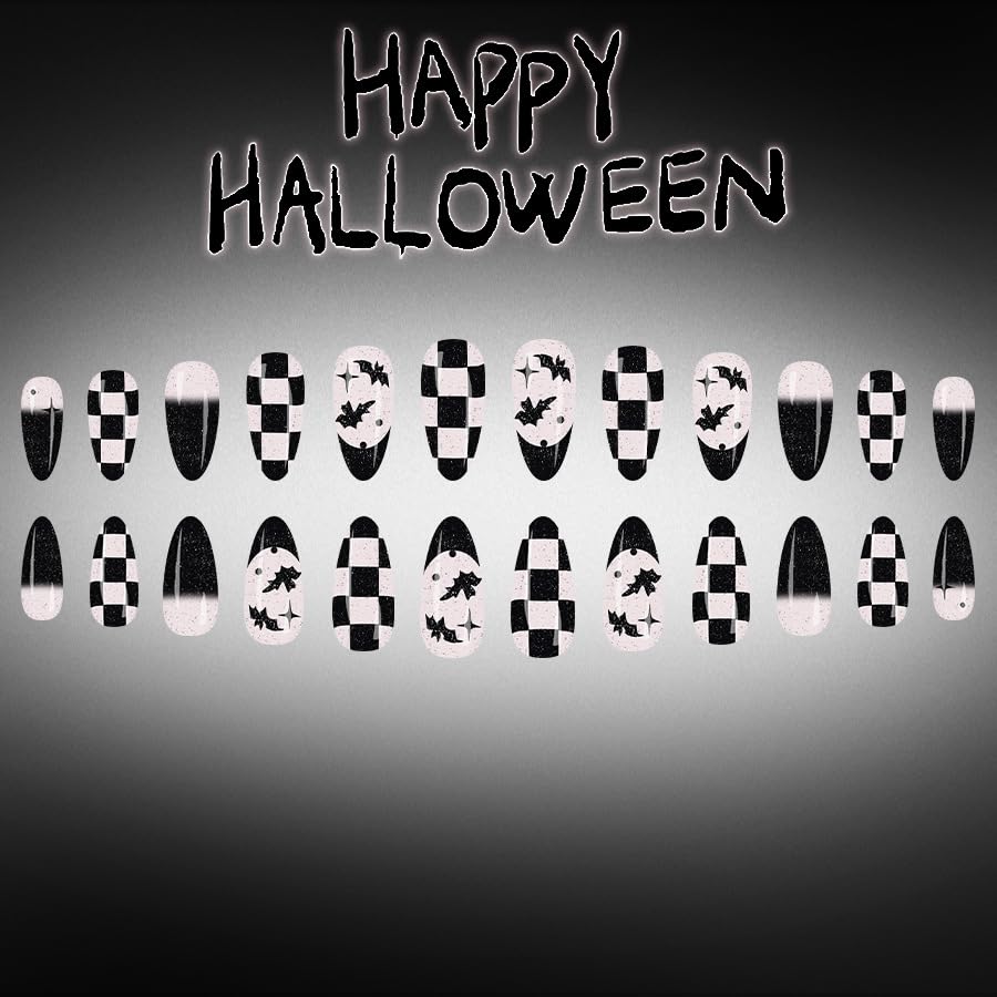 Halloween Press on Nails Black French Tip Medium Almond Fake Nails Gothic Checkerboard Black Bat with star Glitter Design False Nails Glossy Glue on Acrylic Full Cover Stick on Nails for Women 24Pcs - color: style03