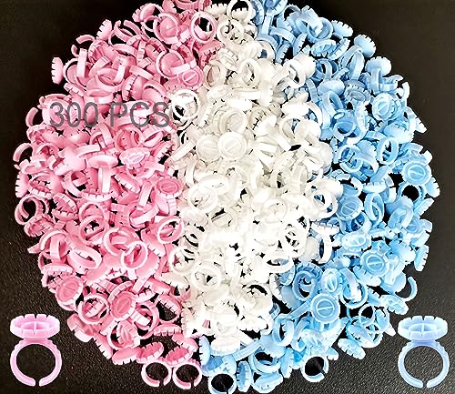 Smart Lash Glue Ring Holders - 300 PCS Disposable Eyelash Glue Cups, Flowering Glue Rings (Round Pink, White, Blue) - color: Blue,Pink,White