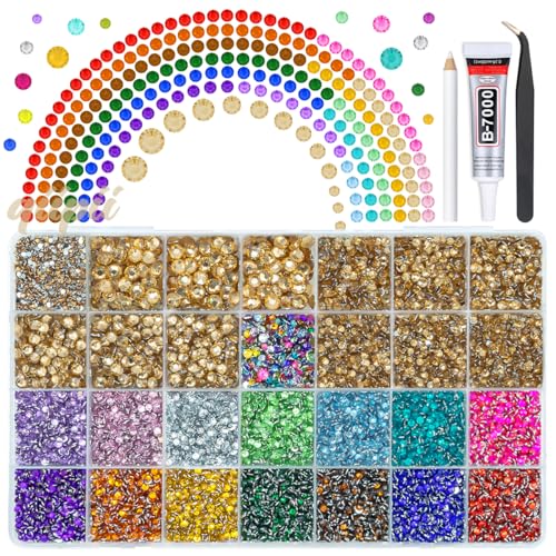 qiipii 28 Grids Champagne Gold 2-6mm Resin Rhinestones w B7000 Glue for Bedazzling Crafting Colorful Flatback Stones Diamonds Crystals Gems Bedazzler Kit for Nails Face Eyes Makeup Tumblers DIY Crafts - color: Champagne Golden, size: Crystal