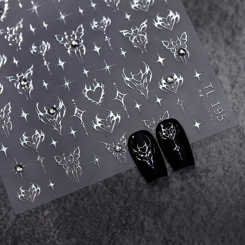 1 Sheet Silver Star Nail Art Stickers 5D Embossed Self Adhesive Heart Butterfly Nail Stickers for Nail Art Silver Nail Decals with Rhinestone Design Star Nail Supplies Manicure Decoration for Women - style: silver butterfly