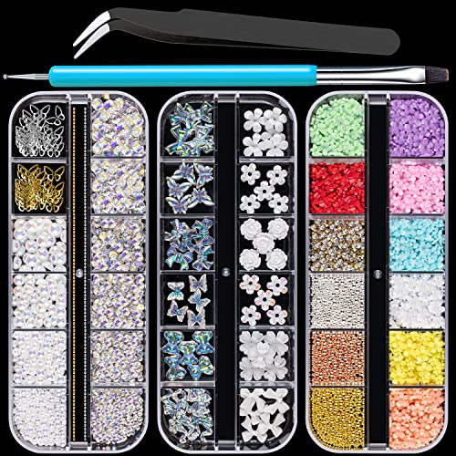 Mixed 3D Nail Art Gem Decoration Accessories Kit #1, Aurora Bear Bow Butterfly Starry AB Rhinestone Charm Jewelry for Deco, Pearl Flower Caviar Bead Stone Crystal with Dual-End Brush and Tweezer - color: 3 Boxes Nail Art Charms Kit 1