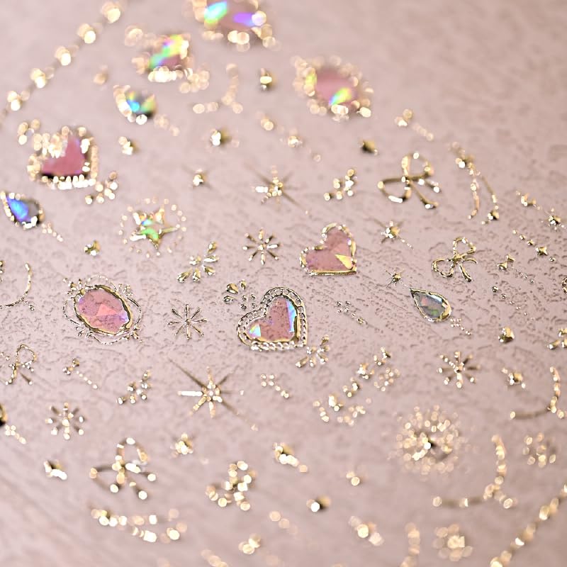 Valentine Nail Art Stickers 5D Embossed Pink Heart Nail Stickers for Nail Art Gold Moon Star Bow Nail Decals Valentines Day Gold Bow Star Laser Heart Nails Design Aurora Heart Nails Supplies for Women - style: heart star